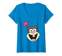 Femme Spongebob Squarepants Cheerful Sandy Cheeks Big Face T-Shirt avec Col en V, Saphir, L