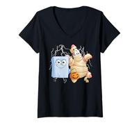 Femme Spongebob Squarepants Ghost Spongebob and Mummy Patrick T-Shirt avec Col en V