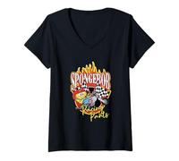 Femme Spongebob Squarepants Racing Parts on Fire Retro T-Shirt avec Col en V