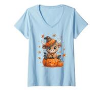 Femme Spooky Baby Highland Cow Halloween Citrouille Animaux Amoureux T-Shirt avec Col en V