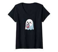 Femme Spooky Ghost Boba Tea Lover Halloween Creature Monster T-Shirt avec Col en V