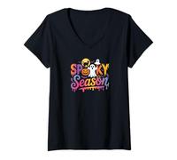 Femme Spooky Ghost Cat Pumpkin Lover Halloween Creature Monster T-Shirt avec Col en V