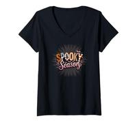 Femme Spooky Ghost Cat Pumpkin Lover Halloween Creature Monster T-Shirt avec Col en V