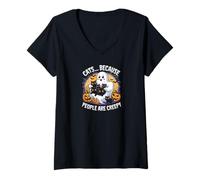Femme Spooky Ghost Cats Lover Halloween Creature Monster T-Shirt avec Col en V