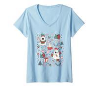 Femme Spooky Ghost Cute Christmas Ho Ho Merry Holiday Retro Pastel T-Shirt avec Col en V