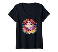 Femme Spooky Ghost Flower Lover Halloween Creature Monster T-Shirt avec Col en V