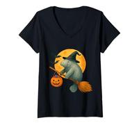 Femme Spooky Halloween Manatee Witch Balai Citrouille Moon Scary Fan T-Shirt avec Col en V