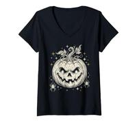 Femme Spooky Jack O Lantern Citrouille d'halloween T-Shirt avec Col en V