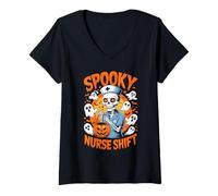 Femme Spooky Nurse Shift Nurses Skeletons Ghosts Halloween T-Shirt avec Col en V