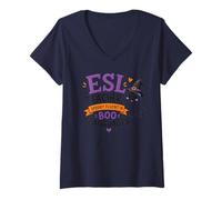 Femme Spooky, Professeur d'anglais Langue Seconde, Parle couramment Les Langues des Livres pour Halloween T-Shirt avec Col en V