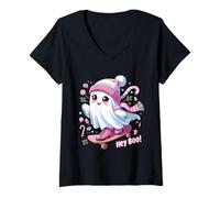 Femme Spooky Season-Hey Boo! Christmas Lights Skateboard Ghost Kid T-Shirt avec Col en V