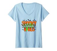Femme Spooky Vibes Cobwebs Lightning Chauves-Souris T-Shirt avec Col en V
