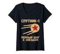 Femme Spoutnik 1 First Step To The Stars URSS Space Soviétique Cosmos T-Shirt avec Col en V