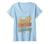 Femme « Spread Sunshine and Happiness » - Jolie Motivation Positive T-Shirt avec Col en V