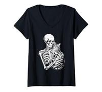 Femme Squelette Amusant Qui Aime Le Chat jusqu'à la Mort pour Femmes et Hommes T-Shirt avec Col en V
