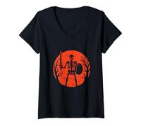 Femme Squelette avec épée et Bouclier Halloween T-Shirt avec Col en V