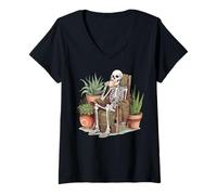 Femme Squelette Boire Café Cactus Plantes T-Shirt avec Col en V
