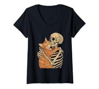 Femme Squelette câlin Chat Halloween Kitty Lover Cat Mom Dad T-Shirt avec Col en V
