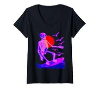 Femme Squelette coloré Surfeur Vague Coucher de Soleil été T-Shirt avec Col en V