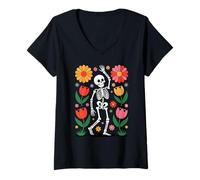 Femme Squelette Dansant Parmi des Fleurs vibrantes T-Shirt avec Col en V