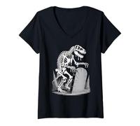 Femme Squelette de Dinosaure dans Une Forêt Hantée Illustration T-Shirt avec Col en V