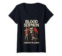 Femme Squelette de Sang chrétien Gothique Christ est Seigneur Christcore T-Shirt avec Col en V