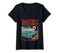 Femme Squelette de voiture classique drôle Día de los Muertos T-Shirt avec Col en V