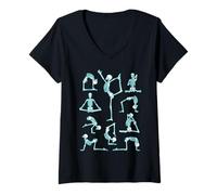 Femme Squelette de Yoga méditant Yogi Zen Poses Bleu T-Shirt avec Col en V
