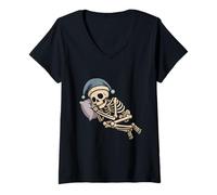 Femme Squelette endormi avec Bonnet de Nuit Halloween T-Shirt avec Col en V