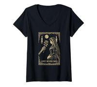 Femme Squelette Gothique Romance Occulte Lune Sombre Vintage T-Shirt avec Col en V