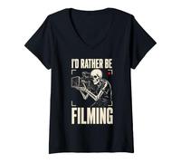 Femme Squelette Humoristique « I'd Rather Be Filming » T-Shirt avec Col en V
