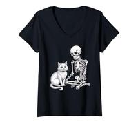 Femme Squelette jouant avec un chat tête de mort graphique chat amour chat T-Shirt avec Col en V