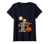 Femme Squelette Jouant du Violon T-Shirt avec Col en V