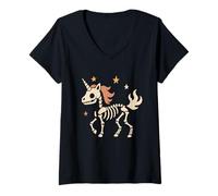 Femme Squelette Licorne avec étoiles T-Shirt avec Col en V
