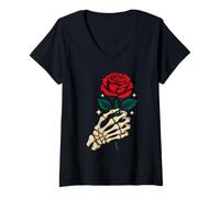 Femme Squelette Main Tenant Une Rose Fleur Halloween Romantique Amusant T-Shirt avec Col en V