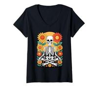 Femme Squelette méditant Parmi des tournesols vibrants T-Shirt avec Col en V
