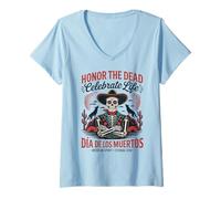 Femme Squelette mexicain vintage Dia de los Muertos T-Shirt avec Col en V