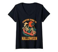 Femme Squelette rétro Amusant pour Halloween T-Shirt avec Col en V