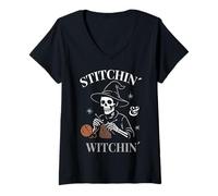 Femme Squelette sorcière Tricote Drôle Citrouille araignée Hallowe T-Shirt avec Col en V
