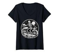 Femme Squelette Surfeur Vintage Big Wave Surf Halloween Vibe Goth T-Shirt avec Col en V
