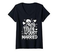 Femme Squelettes Gothiques Just Married pour fête de Mariage Ambiance effrayante T-Shirt avec Col en V