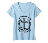 Femme St Padre Pio Prie for Us Catholique Sainte Croix Dévotion T-Shirt avec Col en V