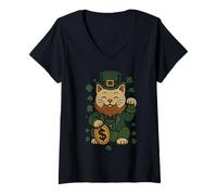 Femme St Patrick's Day Cat Statue Lucky Clover Charm Adult Kids T-Shirt avec Col en V