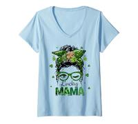 Femme St Patrick's Day Leopard Lucky Mama Messy Bun Shamrock Green T-Shirt avec Col en V