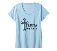 Femme St Rita Pray for Us Croix de Sainte catholique T-Shirt avec Col en V