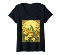 Femme Stagmomantis et Fleurs de Jasmin Jaune T-Shirt avec Col en V