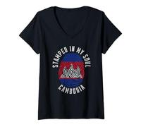 Femme Stamped in My Soul Drapeau Cambodge Empreintes digitales Racines cambodgiennes T-Shirt avec Col en V