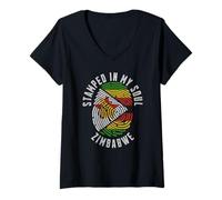 Femme Stamped in My Soul Drapeau Zimbabwe Empreinte Digitale Racines du Zimbabwe T-Shirt avec Col en V