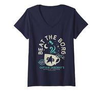 Femme Star Trek: Voyager Captain Janeway's Beat The Borg Cup T-Shirt avec Col en V, Bleu Marine, M