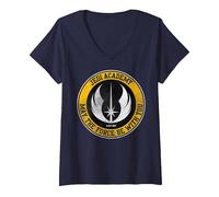 Femme Star Wars Jedi Academy Yellow Logo May The Force Be with You T-Shirt avec Col en V, Bleu Marine, M